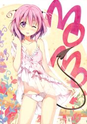 Rule 34 | 10s, 1girl, ;d, absurdres, bare shoulders, blush, bow, bow panties, breasts, character name, cleavage, clothes lift, demon tail, dress, dress lift, highres, kantoku, momo velia deviluke, one eye closed, open mouth, panties, pink dress, pink panties, purple eyes, scan, see-through, short hair, side-tie panties, smile, solo, tail, to love-ru, to love-ru darkness, two side up, underwear, wink