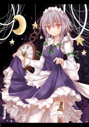 Rule 34 | 1girl, blush, bow, braid, card, clothes lift, crescent, dress, dress lift, efe, garter straps, izayoi sakuya, knife, letterboxed, maid, maid headdress, mobile, playing card, pocket watch, red eyes, revision, ribbon, short hair, silver hair, skirt, smile, solo, star (symbol), touhou, twin braids, watch