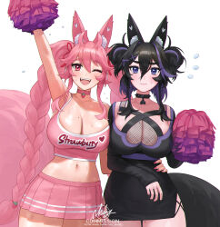 Rule 34 | 2girls, :d, animal ears, arm up, black dress, black hair, braid, breasts, cheerleader, choker, cleavage, clothes writing, commission, crop top, double bun, dress, flying sweatdrops, fox ears, fox girl, fox tail, hair between eyes, hair bun, hair ornament, hand on another&#039;s waist, highres, indie virtual youtuber, kireina (osiimi), kuroina (osiimi), large breasts, large tail, long hair, midriff, miniskirt, mole, mole on breast, mole on thigh, multicolored hair, multiple girls, navel, nhaliz, one eye closed, open mouth, pink eyes, pink hair, pleated skirt, pom pom (cheerleading), purple eyes, purple hair, reluctant, short dress, signature, skirt, sleeves past wrists, smile, spiked choker, spikes, streaked hair, sweat, tail, thick eyebrows, twin braids, twitter username, very long hair, virtual youtuber, wavy mouth, x hair ornament