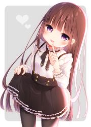Rule 34 | 1girl, absurdres, black bow, black bowtie, black pantyhose, black skirt, blunt bangs, blush, bow, bowtie, brown hair, collar, cowboy shot, earrings, finger to mouth, frilled collar, frilled cuffs, frilled skirt, frills, grey background, hari shoku, heart, highres, jewelry, long hair, long sleeves, open mouth, original, pantyhose, piercing, pleated skirt, purple eyes, shirt, skirt, skirt hold, smile, solo, suspender skirt, suspenders, tongue piercing, white shirt