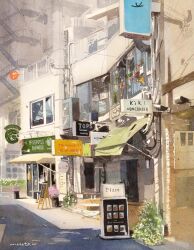 Rule 34 | building, highres, no humans, original, painting (medium), plant, realistic, restaurant, road, scenery, shop, sign, stairs, stairwell, street, town, traditional media, watanabe masato, watercolor (medium), window