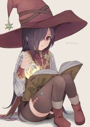 Rule 34 | 1girl, amayomiyu, black hair, closed mouth, hair over one eye, hat, heaven burns red, holding, jacket, long hair, long sleeves, red eyes, solo, tenne miko, witch hat