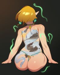 Rule 34 | 1girl, absurdres, arm support, ass, ass tattoo, back, back tattoo, blonde hair, combos &amp; doodles, dragon, earrings, eastern dragon, from behind, highres, invisible chair, jewelry, light dragon (zelda), magatama, magatama necklace, necklace, nintendo, pointy ears, princess zelda, short hair, sitting, solo, tattoo, the legend of zelda, the legend of zelda: tears of the kingdom, thong, topless