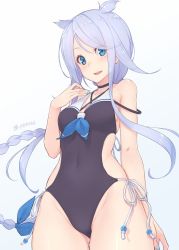 Rule 34 | 1girl, :d, bare arms, bare shoulders, black choker, black one-piece swimsuit, blue eyes, blue nails, blush, braid, breasts, choker, collarbone, covered navel, cowboy shot, dan (kumadan), hair flaps, hand up, highres, kantai collection, long hair, looking at viewer, nail polish, one-piece swimsuit, open mouth, sidelocks, silver hair, single braid, small breasts, smile, solo, standing, swimsuit, umikaze (kancolle), umikaze kai ni (kancolle), very long hair