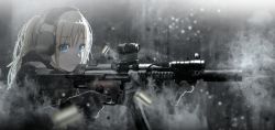 Rule 34 | 1girl, blonde hair, blue eyes, blurry foreground, casing ejection, dark, foregrip, gloves, gun, h&amp;k mp5, headset, high ponytail, highres, load bearing vest, long hair, military, original, ponytail, shell casing, sidelocks, sight, solo, submachine gun, suppressor, upper body, weapon, ylmi
