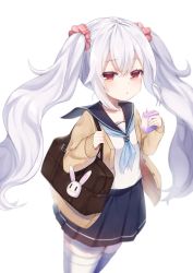 Rule 34 | 1girl, :o, azur lane, bag, black sailor collar, black skirt, blue neckerchief, blurry, blurry background, cardigan, commentary request, depth of field, drinking straw, fingerless gloves, gloves, hair between eyes, hair ornament, hair scrunchie, highres, holding, juice box, kokone (coconeeeco), laffey (azur lane), long hair, long sleeves, looking at viewer, neckerchief, nl, open cardigan, open clothes, parted lips, pink scrunchie, pleated skirt, red eyes, sailor collar, school bag, school uniform, scrunchie, serafuku, shirt, sidelocks, silver hair, simple background, skirt, sleeves past wrists, solo, thighhighs, twintails, very long hair, white background, white shirt, white thighhighs