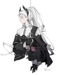 Rule 34 | 1girl, absurdres, ammunition belt, arknights, black dress, black gloves, character name, dongsheng, dress, earrings, gloves, grey eyes, grey hair, head wings, highres, holding, holding sword, holding weapon, irene (arknights), jewelry, long hair, long sleeves, multicolored clothes, multicolored dress, ponytail, profile, rapier, scar, scar across eye, simple background, solo, sword, very long hair, weapon, white background, white dress, wings