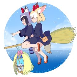 Rule 34 | 10s, 2girls, :d, ^ ^, alternate costume, ancolatte (onikuanco), animal ears, black hair, black robe, blonde hair, bow, broom, broom riding, brown eyes, cage, closed eyes, commentary, common raccoon (kemono friends), cosplay, extra ears, fennec (kemono friends), flying, food, fox ears, gloves, grey gloves, hair bow, hairband, highres, hug, hug from behind, kemono friends, kiki (majo no takkyuubin), kiki (majo no takkyuubin) (cosplay), lucky beast (kemono friends), majo no takkyuubin, multicolored hair, multiple girls, multiple riders, open mouth, pointing, raccoon ears, raccoon tail, red footwear, robe, short hair, smile, striped tail, tail, white hair