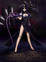 Rule 34 | 1girl, adapted costume, bare legs, black gloves, black hair, bow, braid, breasts, chinese clothes, claws, cleavage, cleavage cutout, clenched hand, clothing cutout, dark persona, dragon, female focus, gloves, hair bow, hat, hei meiling, hong meiling, long hair, m.u.g.e.n, open mouth, original, puffy sleeves, red eyes, sharp teeth, short sleeves, side slit, smile, solo, star (symbol), teeth, tongue, touhou, twin braids, very long hair, zimajiang
