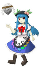 Rule 34 | 1girl, bad id, bad pixiv id, blue hair, blush, female focus, food, fruit, hat, hinanawi tenshi, keystone, official style, parody, peach, red eyes, rock, rope, shimenawa, smile, solo, style parody, tottema, touhou, zun (style)