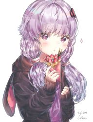 Rule 34 | 1girl, 2018, :&lt;, animal hood, artist name, black jacket, blush, closed mouth, dated, food, fruit, hair ornament, holding, hood, hood down, hooded jacket, jacket, long hair, long sleeves, low twintails, open clothes, open jacket, pocky, purple eyes, purple hair, rabbit hood, rimu (gucg8333), simple background, sleeves past wrists, solo, sparkle, strawberry, twintails, upper body, vocaloid, voiceroid, white background, yuzuki yukari