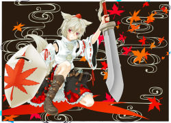 Rule 34 | 1girl, akito260, animal ears, autumn leaves, boots, brown footwear, detached sleeves, egasumi, hat, highres, inubashiri momiji, leaf, looking at viewer, pom pom (clothes), red eyes, ribbon-trimmed sleeves, ribbon trim, shield, short hair, silver hair, skirt, solo, sword, tail, tokin hat, touhou, weapon, weapon bag, wolf ears, wolf tail