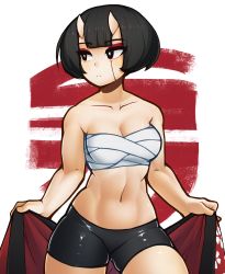 Rule 34 | 1girl, absurdres, bare shoulders, bike shorts, black eyes, black hair, black shorts, breasts, cleavage, closed mouth, collarbone, d-floe, highres, horns, large breasts, looking away, navel, original, sarashi, short shorts, shorts, solo, toned