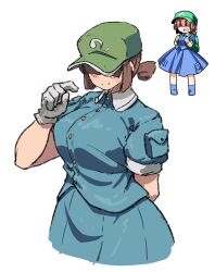 Rule 34 | 1girl, absurdres, arm behind back, blue shirt, blue skirt, brown hair, closed mouth, commentary, derivative work, flat cap, gensou ningyou enbu, gloves, green hat, hat, hemogurobin a1c, highres, hyoutan tan, kappa mob (touhou), reference inset, shirt, short ponytail, simple background, skirt, smile, solo, touhou, white background, white gloves