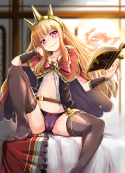 Rule 34 | 10s, 1girl, black thighhighs, blonde hair, book, bow, bow panties, cagliostro (granblue fantasy), cameltoe, cape, crown, feet, granblue fantasy, highres, long hair, looking at viewer, naughty face, navel, no shoes, open book, panties, pink eyes, purple panties, ribbon trim, sitting, smile, solo, thighhighs, toyo (toyozine2009), underwear
