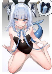 Rule 34 | 1girl, absurdres, animal ears, blue hair, blue ribbon, blunt bangs, blush, commentary, detached collar, english commentary, fake animal ears, fins, fish tail, gawr gura, gift, grin, hair ribbon, highres, hololive, hololive english, leotard, light blue hair, medium hair, neck ribbon, parted lips, playboy bunny, pov, pov hands, rabbit ears, ribbon, shark girl, shark tail, sharp teeth, sitting, smile, smilesmile1312, solo, spoken object, spread legs, strapless, strapless leotard, tail, teeth, two side up, virtual youtuber, wariza