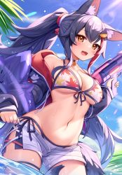 Rule 34 | 1girl, animal ear fluff, animal ears, bikini, bikini under clothes, black choker, black hair, black jacket, blue sky, blush, breasts, choker, deaver, fang, floating hair, hair ornament, highres, holding, holding swim ring, holding water gun, hololive, innertube, jacket, large breasts, leaf print, long hair, maple leaf print, multicolored hair, navel, off shoulder, ookami mio, ookami mio (hololive summer 2019), open fly, open mouth, orange eyes, ponytail, red hair, short shorts, shorts, side-tie bikini bottom, sidelocks, skindentation, sky, solo, stomach, streaked hair, swim ring, swimsuit, tail, thigh strap, two-tone hair, very long hair, virtual youtuber, wading, water, water drop, water gun, white shorts, wolf ears, wolf girl, wolf tail