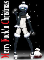 Rule 34 | 1girl, bad id, bad pixiv id, blood, blue hair, christmas, claws, elbow gloves, english text, flat chest, gloves, green eyes, hat, mask, navel, nipples, pointy ears, profanity, pussy, sack, santa hat, scarf, see-through, shun (greendragon), snow, solo, thighhighs