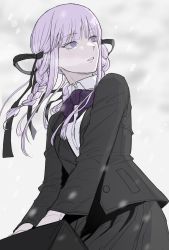 Rule 34 | 1girl, absurdres, aged up, bag, black bag, black jacket, black ribbon, black skirt, bow, bowtie, braid, collared shirt, cowboy shot, danganronpa, danganronpa (series), danganronpa kirigiri, dress shirt, gradient background, grey background, hair ribbon, highres, holding, holding bag, jacket, kirigiri kyoko, long hair, long sleeves, looking to the side, o m3c, official alternate costume, open clothes, open jacket, parted lips, pink eyes, pink hair, pleated skirt, purple bow, purple bowtie, ribbon, shirt, skirt, solo, teeth, twin braids, twintails