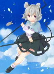 Rule 34 | 1girl, akagashi hagane, animal ears, blue sky, bobby socks, cloud, day, dowsing rod, flying, jewelry, mouse (animal), mouse ears, mouse tail, nazrin, pendant, petals, pink eyes, short hair, silver hair, skirt, sky, socks, solo, tail, touhou