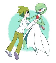 Rule 34 | bad id, bad twitter id, bob cut, colored skin, creatures (company), dress, game freak, gardevoir, gen 3 pokemon, green hair, green pants, green skin, hair over one eye, holding hands, moyori, multicolored skin, nintendo, pants, pink eyes, pokemon, pokemon (creature), pokemon rse, simple background, smile, two-tone skin, wally (pokemon), white dress, white skin