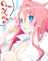 1girl blue_eyes blush breasts disgaea english_text female_focus highres iwashi_dorobou_-r- looking_at_viewer open_clothes open_mouth open_shirt pink_hair pointy_ears shirt smile solo vulcanus_(disgaea_4)