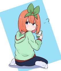 Rule 34 | ...?, 1girl, blue background, blue eyes, blue pants, blush, cellphone, closed mouth, commentary request, denim, eyebrows hidden by hair, full body, go-toubun no hanayome, green hoodie, green ribbon, hair between eyes, hair ribbon, highres, holding, holding phone, hood, hood down, hoodie, jeans, kujou karasuma, long sleeves, looking at viewer, looking back, nakano yotsuba, no shoes, pants, phone, ribbon, shadow, socks, soles, solo, sweat, two-tone background, white background, white socks