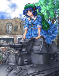 Rule 34 | 1girl, arm support, backpack, bag, blue eyes, blue hair, blush, breasts, building, cabbie hat, cloud, day, female focus, floating hair, frills, hair bobbles, hair ornament, hat, headphones, kawashiro nitori, key, light smile, looking to the side, matching hair/eyes, military, military vehicle, motor vehicle, outdoors, pouch, randoseru, ruins, short hair, skirt, skirt set, sky, sleeves pushed up, small breasts, smile, solo, tank, touhou, two side up, vehicle, yossyzero