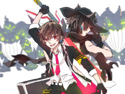 Rule 34 | 2boys, animal ears, back-to-back, chung seiker, demon, elsword, elsword (character), hat, holding, holding weapon, hua ge pi, multiple boys, necktie, red eyes, runes, scarf, smile, sword, weapon