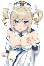 Rule 34 | 1girl, 1nilla&#039;, :o, absurdres, barbara (genshin impact), bare shoulders, blonde hair, blue eyes, blush, breasts, cleavage, dress, drill hair, genshin impact, hair ornament, half-closed eyes, hand on own chest, hat, highres, long sleeves, looking at viewer, medium breasts, open mouth, simple background, sitting, twin drills, twintails, white background, white dress