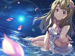 Rule 34 | bikini, bikini skirt, blurry, blurry foreground, breasts, brown eyes, brown hair, cleavage, commentary request, dutch angle, flower, flower necklace, full moon, hair flower, hair ornament, highres, idolmaster, idolmaster million live!, jewelry, lens flare, long hair, looking at viewer, miyao miya, moon, necklace, night, ocean, petals, rainbow, run p (aveton), shallow water, solo, swimsuit, thick eyebrows, water, white bikini