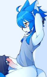 Rule 34 | 1boy, absurdres, ahoge, animal ears, arms up, blue hair, bottomless, dev voxy, fox ears, fox tail, from side, furry, furry male, glasses, grey background, highres, male focus, notched ear, original, parted lips, penis, sex toy, sidelocks, simple background, solo, tail, testicles, trap, uncensored, vibrator, vibrator on penis