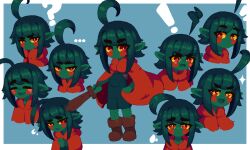 Rule 34 | !, ..., 1girl, ?, ahoge, angry, boots, cape, closed mouth, colored sclera, colored skin, confused, crying, embarrassed, fang, green hair, green skin, holding, holding sword, holding weapon, huge ahoge, looking at viewer, minimilieu, monster girl, multiple views, open mouth, original, overalls, pixel art, plant girl, red cape, red eyes, sad, short hair, solo, sparkling eyes, sweatdrop, sword, tears, thick eyebrows, weapon, wren (minimilleu), yellow sclera