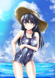 Rule 34 | 1girl, arm behind back, bird, black hair, blue sky, blue one-piece swimsuit, breast hold, breasts, brown eyes, cloud, cloudy sky, collarbone, day, hat, highres, kantai collection, long hair, looking at viewer, medium breasts, nakura haru, ocean, one-piece swimsuit, open mouth, polka dot, polka dot swimsuit, seagull, sky, sun hat, sunlight, swimsuit, ushio (kancolle)