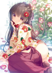 Rule 34 | 1girl, ass, blush, brown eyes, brown footwear, brown hair, commentary request, floral print, flower, frilled sleeves, frills, hair between eyes, hakama, hakama pull, hakama skirt, hand up, holding, holding flower, japanese clothes, kimono, long hair, long sleeves, lying, on side, original, parted lips, petals, print kimono, red flower, red hakama, shoe soles, skirt, sleeves past wrists, snow, solo, very long hair, white kimono, wide sleeves, yagasuri, yukie (peach candy)