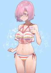 Rule 34 | 1girl, absurdres, bare shoulders, bikini, blush, breasts, cleavage, collarbone, fate/grand order, fate (series), glasses, hair over one eye, highres, jun (nad-j), large breasts, light purple hair, looking at viewer, mash kyrielight, mash kyrielight (swimsuit of perpetual summer ver.02), multicolored bikini, multicolored clothes, navel, official alternate costume, purple eyes, rainbow bikini, see-through, short hair, smile, solo, striped bikini, striped clothes, swimsuit, thighs