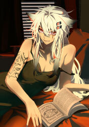 Rule 34 | 1girl, animal ear fluff, animal ears, arknights, arm tattoo, bare shoulders, black dress, book, breasts, closed mouth, dress, grey eyes, hair between eyes, hair ornament, hairclip, highres, lappland (arknights), long hair, looking at viewer, lying, scar, scar across eye, scar on face, senkane, smile, solo, tattoo, upper body, white hair, wolf ears