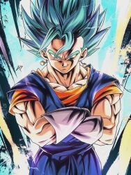 1boy blue_eyes blue_hair blue_pants blue_shirt cowboy_shot crossed_arms dougi dragon_ball dragon_ball_super earrings gloves jewelry male_focus medium_hair muscular muscular_male orange_shirt pants potara_earrings reeya shirt smirk solo spiked_hair super_saiyan super_saiyan_blue vegetto white_gloves