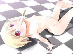 Rule 34 | 1girl, arm support, blonde hair, breasts, checkered floor, collarbone, dutch angle, erica hartmann, flat chest, floor, food, hajime monji, mouth hold, nipples, nude, perky breasts, popsicle, red eyes, short hair, solo, strike witches, world witches series