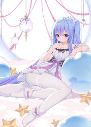 Rule 34 | 1girl, bare shoulders, blue hair, dress, duel monster, hair ornament, hairclip, highres, long hair, multicolored hair, pantyhose, purple eyes, purple hair, rilliona (yu-gi-oh!), shika tori, side ponytail, solo, streaked hair, thighhighs, two-tone hair, very long hair, white thighhighs, witchcrafter madame verre, yu-gi-oh!