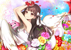 Rule 34 | 3girls, arms up, brown eyes, brown hair, camisole, chibi, chibi inset, closed mouth, dress, feathered wings, field, flower, flower field, from side, hair ribbon, hilo (joy hero), holding, hoshi tanuki (shironeko project), long hair, looking at viewer, multiple girls, petals, photobomb, pilokey, ribbon, rose, shironeko project, sky, smile, solo focus, spaghetti strap, star (sky), starry sky, upper body, white dress, white ribbon, wings