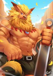 Rule 34 | 1boy, abs, animal ears, autumn leaves, bara, beard, belt, black belt, black pants, blonde hair, blue eyes, brown fur, bulge, digimon, digimon (creature), earrings, expressionless, facial hair, falling leaves, feet out of frame, furry, furry male, highres, jewelry, large hands, large pectorals, leaf, leomon, lion boy, lion ears, long beard, looking at viewer, male focus, mature male, muscular, muscular male, navel, navel hair, no nipples, outdoors, pants, pectorals, planted, planted sword, planted weapon, rabbity art, short hair, sitting, solo, stomach, sword, topless male, weapon