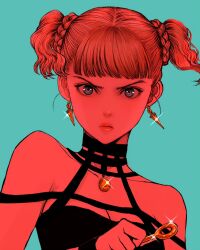 Rule 34 | 1girl, bare shoulders, berserk, black dress, blunt bangs, choker, closed mouth, collarbone, commentary, cosplay, dagger, dress, earrings, farnese (berserk), glint, gold earrings, highres, holding, holding weapon, jewelry, knife, looking at viewer, nisino2222, serious, short hair, short twintails, simple background, solo, spy x family, stiletto (weapon), twintails, upper body, weapon, yor briar, yor briar (cosplay)