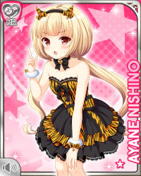 Rule 34 | 1girl, :o, alternate costume, black bow, blonde hair, bow, card, character name, dress, fake horns, girlfriend (kari), headband, horns, nishino ayane, official art, oni, oni horns, orange dress, pink background, qp:flapper, red eyes, solo, standing, tagme, tiger striped clothes, twintails
