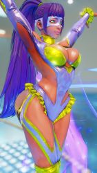 Rule 34 | 1girl, absurdres, arms up, artist request, breasts, cleavage, cleavage cutout, clothing cutout, cosplay, curvy, dark-skinned female, dark skin, egyptian, female focus, highleg, highleg leotard, highres, leotard, long hair, looking at viewer, menat, ponytail, purple hair, rainbow mika (cosplay), revealing clothes, screencap, shiny skin, smile, solo, street fighter, thong leotard, very long hair