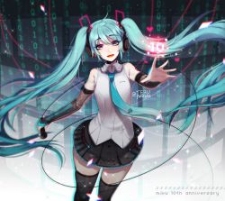 Rule 34 | 1girl, :d, anniversary, aqua eyes, aqua hair, bare shoulders, binary, black thighhighs, character age, character name, commentary, detached sleeves, hatsune miku, headphones, holding, holding microphone, long hair, looking at viewer, microphone, necktie, open mouth, outstretched arm, shirt, skirt, sleeveless, sleeveless shirt, smile, solo, terupancake, thighhighs, twintails, twitter username, very long hair, vocaloid
