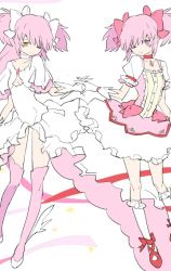Rule 34 | 2girls, ankle ribbon, arm at side, breasts, cleavage, closed mouth, collarbone, dot nose, dress, dual persona, frilled dress, frilled legwear, frilled skirt, frilled sleeves, frills, gloves, hair ribbon, holding hands, interlocked fingers, kaname madoka, leg ribbon, light smile, long hair, looking down, mahou shoujo madoka magica, mahou shoujo madoka magica (anime), multiple girls, outstretched hand, pink eyes, pink hair, pink legwear, pink ribbon, pipi o (pipioo08), puffy short sleeves, puffy sleeves, red footwear, red ribbon, ribbon, short sleeves, simple background, skirt, small breasts, socks, soul gem, star (symbol), starry background, thighhighs, twintails, two side up, ultimate madoka, white background, white dress, white footwear, white gloves, white legwear, white ribbon, white skirt, wide sleeves, yellow eyes