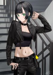 Rule 34 | 1girl, absurdres, belt, belt collar, black belt, black hair, black jacket, black pants, black theme, blush, breasts, closed mouth, collar, commentary request, contrapposto, cowboy shot, crop top, cropped jacket, douryou (buta5813), ear chain, fingernails, green eyes, hand up, highres, jacket, jewelry, leather, leather jacket, long fingernails, long sleeves, looking at viewer, medium breasts, midriff, multiple rings, navel, open clothes, open jacket, original, pants, ring, short hair, signature, solo, stairs, stairwell, strapless, tetto (onnoveltet), tube top