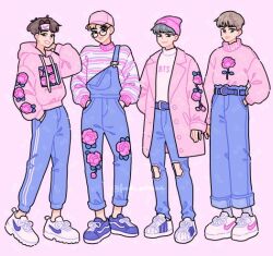 Rule 34 | 4boys, animification, arm behind head, bangtan boys, baseball cap, beanie, belt, belt buckle, black-framed eyewear, blonde hair, blue belt, blue footwear, blue overalls, blue pants, blunt bangs, brown eyes, brown hair, buckle, buttons, closed mouth, clothes writing, coat, collared coat, commentary, denim, emily kim, english commentary, fashion, floral print, flower, full body, glasses, grey hair, grin, hand in pocket, hands in pockets, hat, headband, high-waist pants, hood, hood down, hoodie, j-hope, jeans, jin (bts), k-pop, lapels, leaf, lips, long sleeves, male focus, multiple boys, nike (company), notched lapels, open clothes, open coat, overalls, pants, parted bangs, pink background, pink coat, pink flower, pink hat, pink hoodie, pink rose, pink sweater, pinstripe socks, puffy long sleeves, puffy sleeves, real life, rm (bts), rose, rose print, round eyewear, shoes, short hair, simple background, single strap, sleeves past wrists, smile, sneakers, socks, sparkle, standing, striped clothes, striped sweater, studded belt, suga (bts), sweater, sweatpants, torn clothes, torn jeans, torn pants, twitter username, two-tone sweater, very short hair, white footwear, white headband, white socks, white sweater