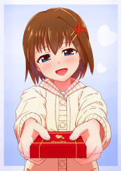 Rule 34 | 1girl, absurdres, blue eyes, blush, brown hair, cardigan, commentary, english text, foreshortening, gift, giving, hair ornament, hairclip, half-closed eyes, heart, highres, holding, holding gift, long sleeves, looking at viewer, lyrical nanoha, open mouth, shin (ustir7), short hair, smile, solo, upper body, valentine, x hair ornament, yagami hayate, yellow cardigan